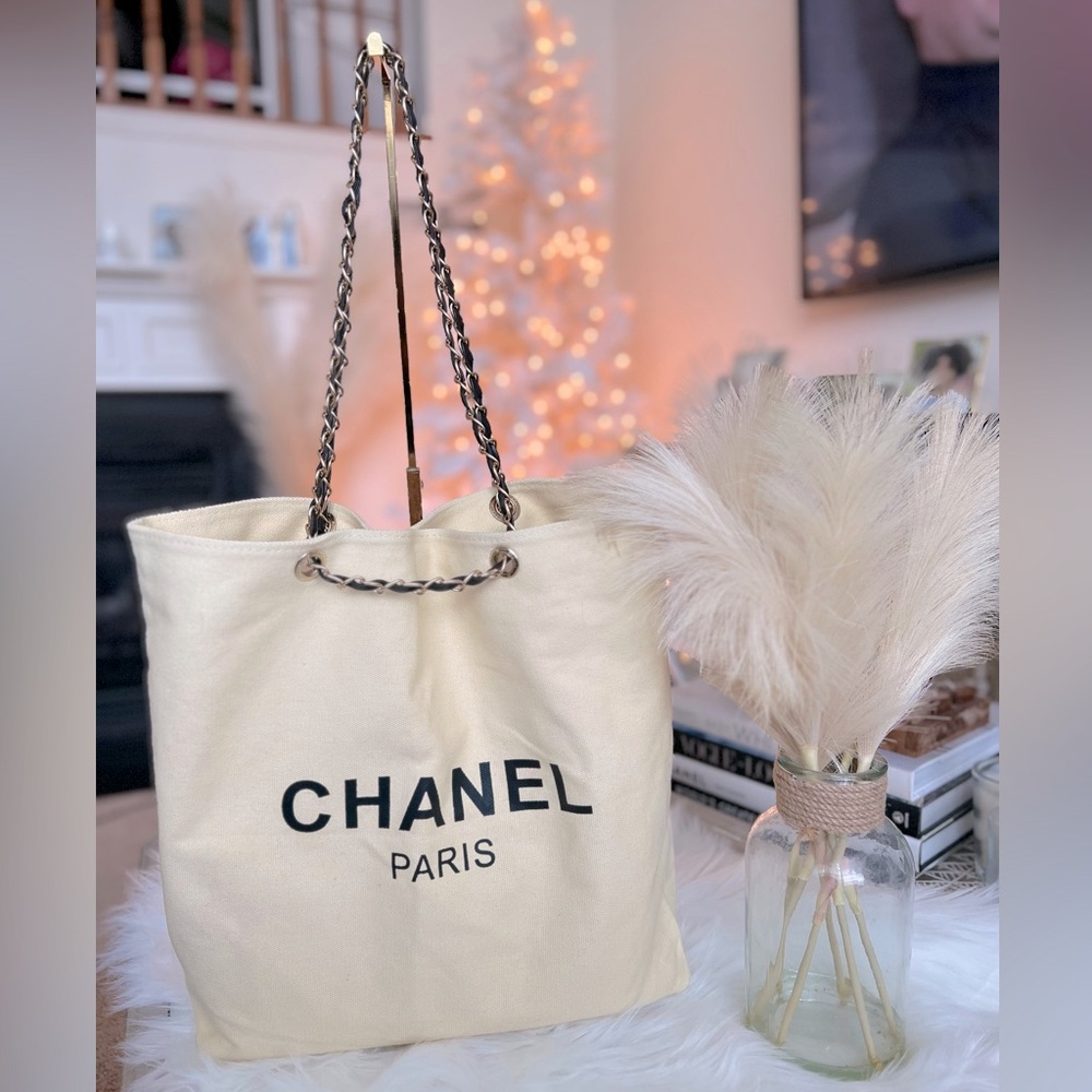CHANEL Cream Canvas Tote with Black Logo and Chain-Strap